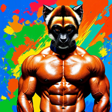 anthropomorphic  Collared mangabeybodybuilder  abstract colorful painting with generative AI technology