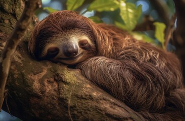 Cute brown sloth sleeping on the tree