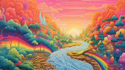 Fototapeta na wymiar Waterfall of rainbows an _fun. Colorfull pastel colors. Fantasy planet. 