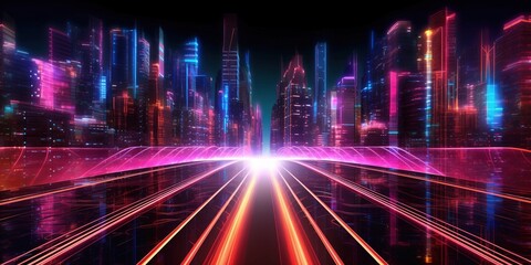 Fototapeta premium Neon lights car trails. Neon lights futuristic city background. Abstract motion speed city