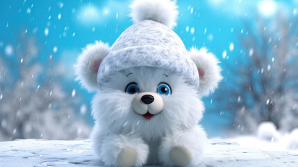 Fototapeta premium Cute baby white bear wearing a woolly hat in winter