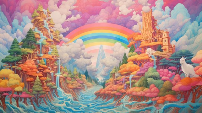 Waterfall of rainbows an _fun. Colorfull pastel colors. Fantasy planet artwork. 