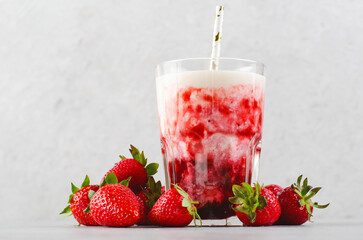 Korean Strawberry Milk, Strawberry Milkshake with Pureed Fresh Berries, Refreshing Drink on Bright Background