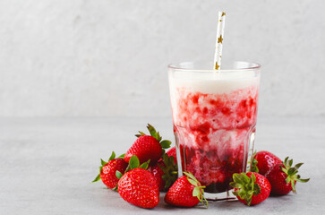 Korean Strawberry Milk, Strawberry Milkshake with Pureed Fresh Berries, Refreshing Drink on Bright Background