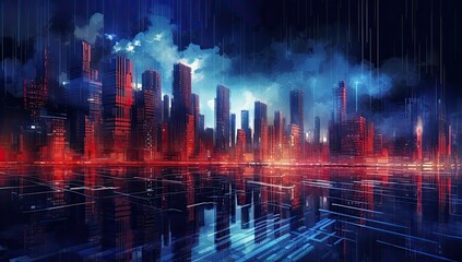 Cityscape with space and neon light effect. Modern hi-tech, science, futuristic technology concept. Abstract digital high tech city design for banner background