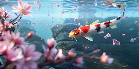 Koi fish swimming in crystal water with cherry blossom petals