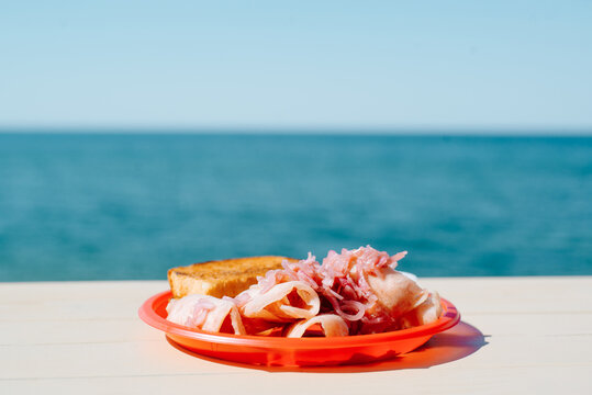 Close-up of dish of bonito stroganina in plate on table against backdrop of sea on sunny summer day. Sliced frozen fish with red onion and bread