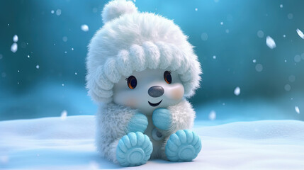Fototapeta premium Cute baby white bear wearing a woolly hat in winter