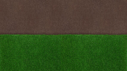 Meadow green grass surface and soil ground surface. Turf and terrain blank top view background....
