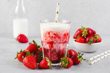 Korean Strawberry Milk, Strawberry Milkshake with Pureed Fresh Berries, Refreshing Drink on Bright Background