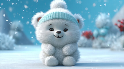 Cute baby white bear wearing a woolly hat in winter