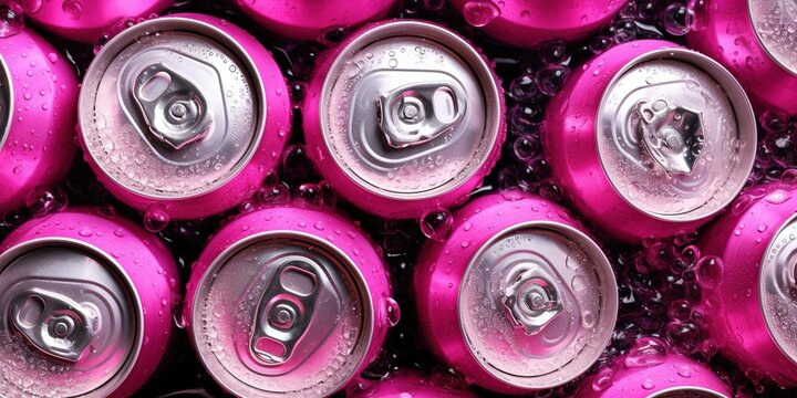 Pink soda cans in water drops, top view