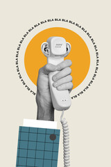 Creative retro 3d collage of arm holding vintage phone handset listening annoying promotion...