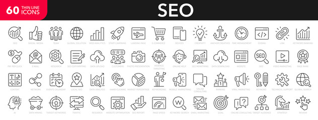 Fototapeta na wymiar SEO line icons set. Search Engine Optimization symbol collection. Search, content, analysis, traffic, link, development, optimization, - stock vector.