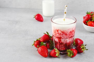 Korean Strawberry Milk, Strawberry Milkshake with Pureed Fresh Berries, Refreshing Drink on Bright Background