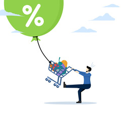 Food price crisis, rising consumer goods prices. Inflation reflects higher prices for goods and services. men try to catch shopping carts full of food that fly away. flat vector illustration.