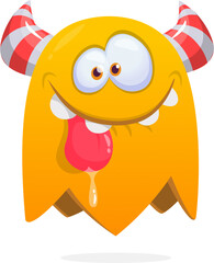 Funny cartoon monster waving hands and showing tongue. Halloween vector illustration. Great for package or party decoration