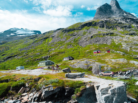 Trollstigen road in summer in Norway. View on mountain and waterfall.
