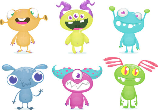 Funny cartoon monsters  set: monster yeti troll gremlin and alien creatures. Halloween vector design isolated