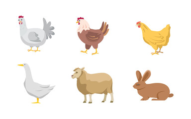 Farm animals set in flat style isolated on white background, animal collection vector illustration rooster, domestic fowl, goose, duck, sheep, rabbit.