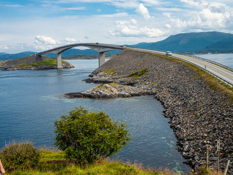 Atlantic road in summer in Norway. View on bridge and sea
