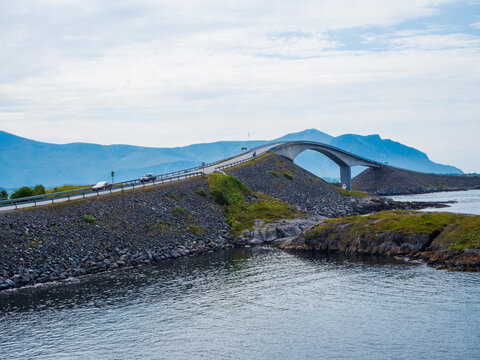 Atlantic road in summer in Norway. View on bridge and sea