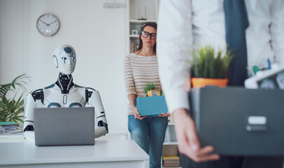 The impact of AI on jobs: fired business people leaving the office