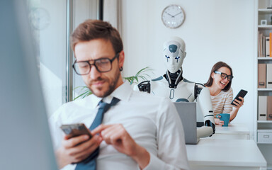 Efficient AI robot working and lazy employees