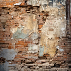 Old brick wall with traces of old plaster, ruined surface.