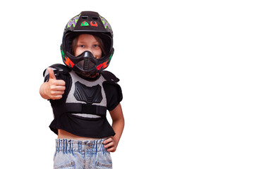 Girl wearing helmet and bib moto gear for motocross standing smiling and showing thumb up photo for advertisement of moto school, motorcycle rental or delivery service on isolated background
