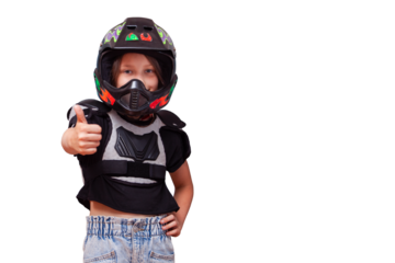 Girl wearing helmet and bib moto gear for motocross standing smiling and showing thumb up photo for advertisement of moto school, motorcycle rental or delivery service on isolated background