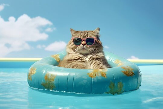 Chill Vibes Cat in Sunglasses Floating in the Pool, Generative Ai