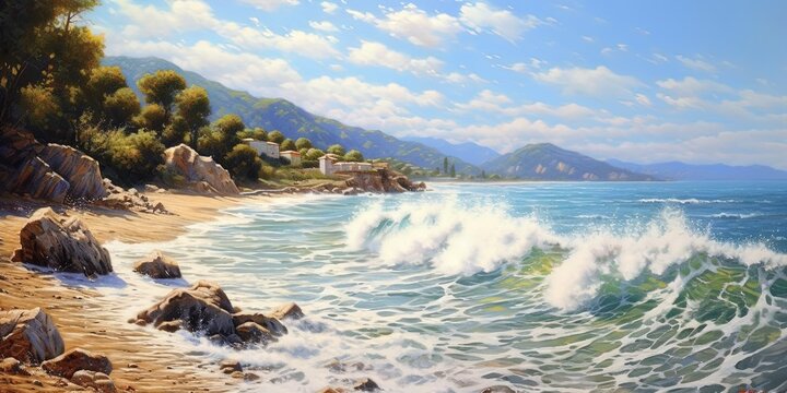 Summer landscape of a sunny day on the beach with waves from the sea
