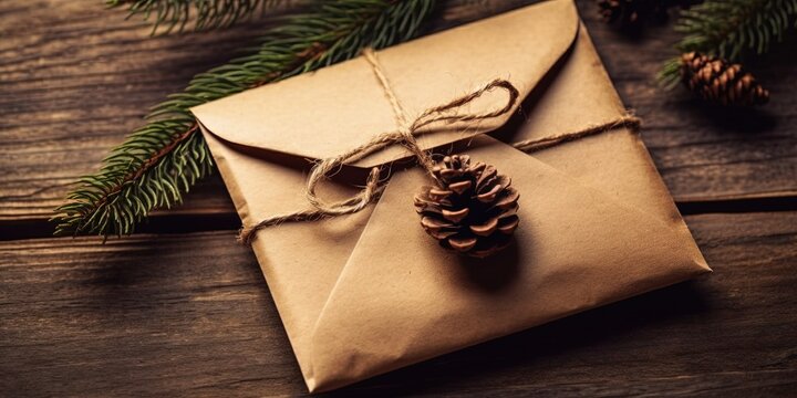 Sustainable Christmas, natural plastic free decoration in paper envelope on wooden background, copy space
