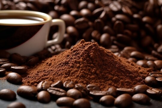 Aromatic Awakening: Close-Up of Coffee Beans and Freshly Ground Coffee, Generative Ai