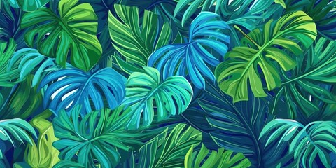 Tropical leaves on blue background. Paradise exotic plants
