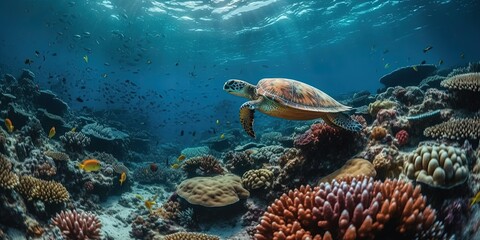 Fototapeta na wymiar Turtle with group of colorful fish and sea animals with colorful coral underwater in ocean
