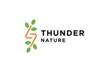 Thunder with leaf nature logo icon design template flat vector