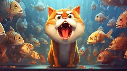 Cat and fishes. Cartoon cat with its mouth open in front of group of fish. Ai Generative illustration, kids theme