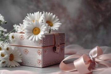 Gift box with ribbon and bow. AI generated art illustration.