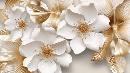 Luxury white gold flowers and leaves with paper texture. 