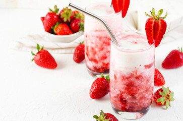 Korean Strawberry Milk, Strawberry Milkshake with Pureed Fresh Berries, Refreshing Drink on Bright Background