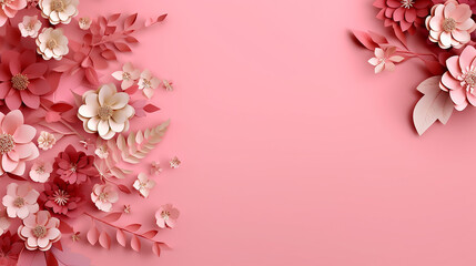 Fototapeta na wymiar Pink and beige paper scattered flowers and leaves on pink background. generative AI
