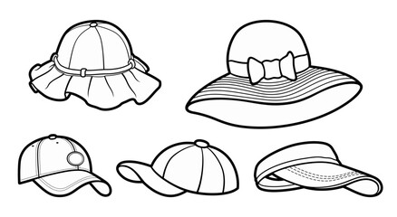 Cartoon set of doodle summer hats. Vector funny illustration.