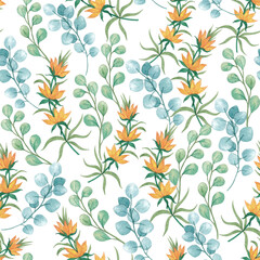 Watercolor floral seamless pattern with  flowers. Cute background for fabric, textile,  wallpaper. Hand drawn illustration.
