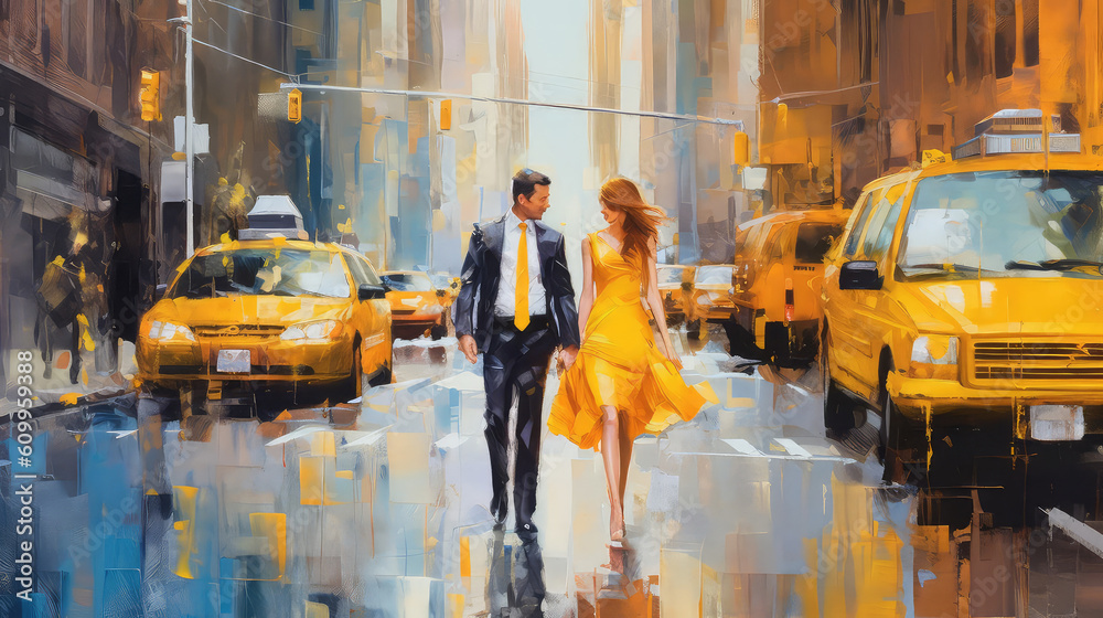 Wall mural oil painting on canvas, street view of New York, man and woman, yellow taxi, modern Artwork, American city, illustration New York (ai generated)