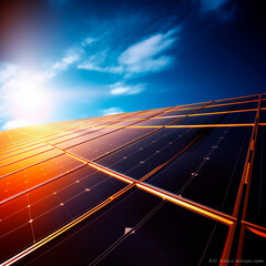 solar panels and wind turbines generating electricity in power station green energy renewable with blue sky background created with Generative Ai technology