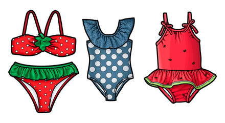 Cartoon set of doodle summer kids swimsuits.