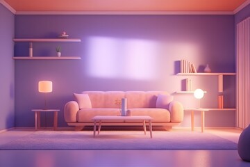 Modern living room with purple sofa. AI generated art illustration.
