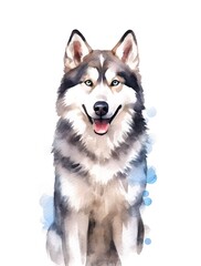Watercolor cartoon illustration of a cute Siberian Husky puppy on white background. Generative AI.
